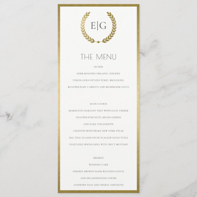 ELEGANT GOLD FLORAL LAUREL WREATH  MONOGRAM  MENU (Front)