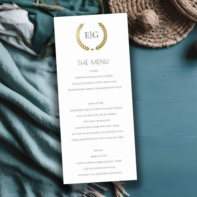 ELEGANT GOLD FLORAL LAUREL WREATH  MONOGRAM  MENU (Creator Uploaded)