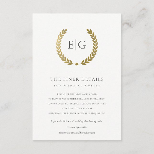 ELEGANT GOLD FLORAL LAUREL WREATH WEDDING DETAIL ENCLOSURE CARD (Front)