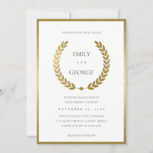 ELEGANT GOLD FLORAL LAUREL WREATH WEDDING INVITE