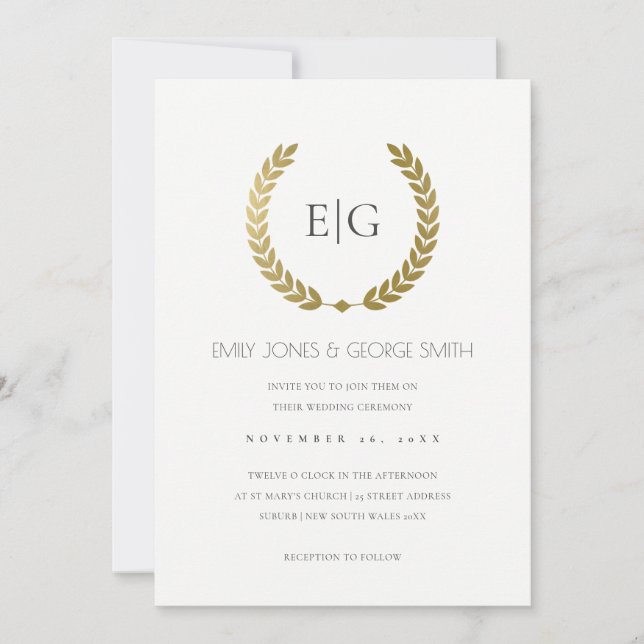 ELEGANT GOLD FLORAL LAUREL WREATH WEDDING INVITE (Front)