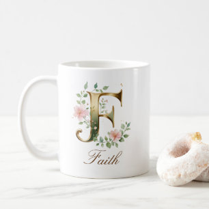 Elegant Gold Floral Letter F Monogram Mug