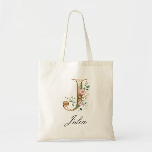 Elegant Gold Floral Letter J Monogram Tote Bag