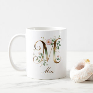 Elegant Gold Floral Letter M Monogram Mug