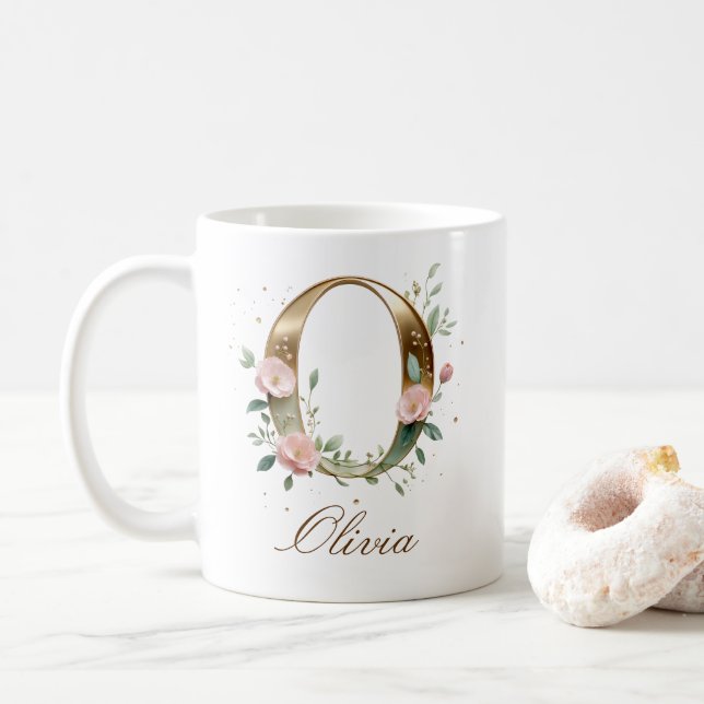 Elegant Gold Floral Letter O Monogram Mug (With Donut)