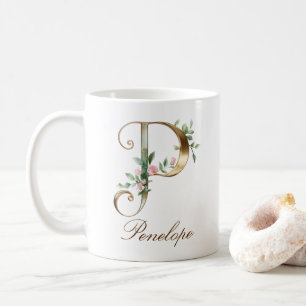 Elegant Gold Floral Letter P Monogram Mug