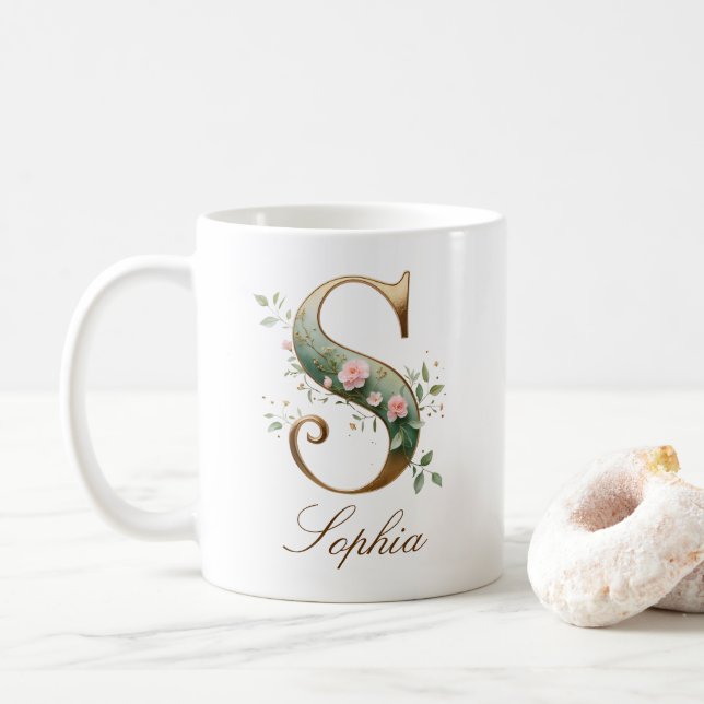 Elegant Gold Floral Letter S Monogram Mug (With Donut)