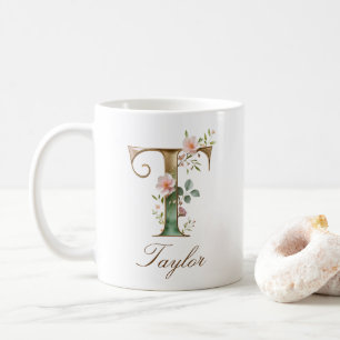 Elegant Gold Floral Letter T Monogram Mug