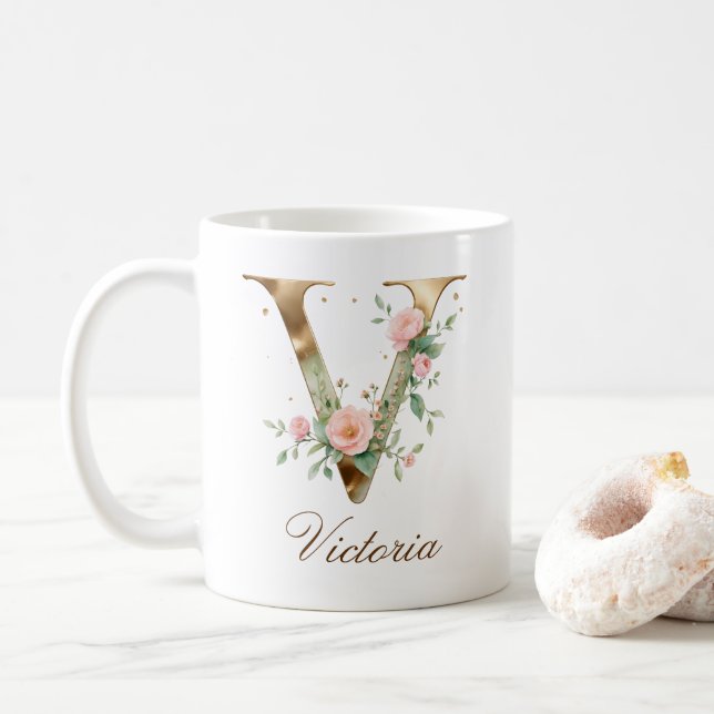 Elegant Gold Floral Letter V Monogram Mug (With Donut)