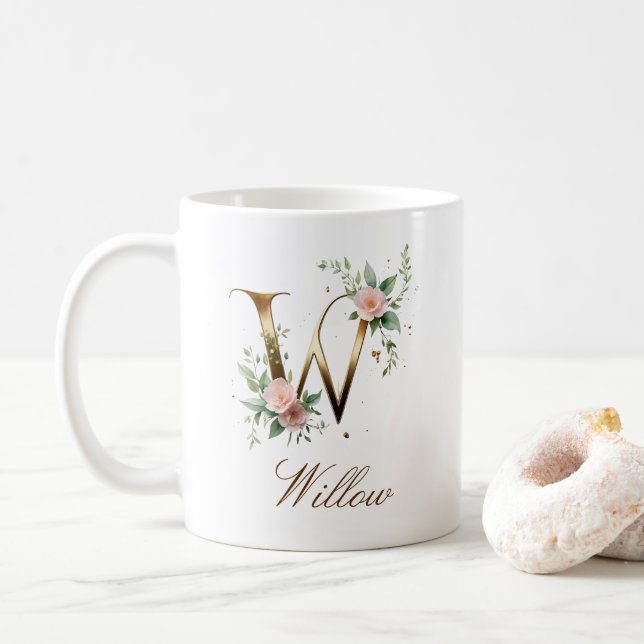 Elegant Gold Floral Letter W Monogram Mug (With Donut)