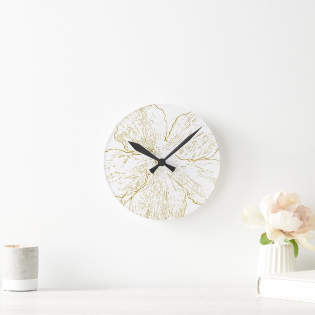 Elegant Gold Floral Line Art Minimalist Round Clock (Home)