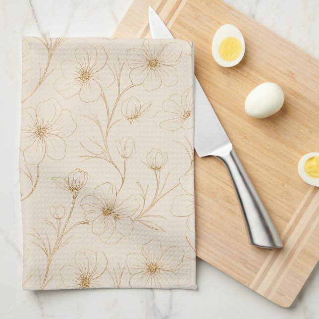Elegant Gold Floral Line Art Seamless Pattern Tea Towel (Quarter Fold)