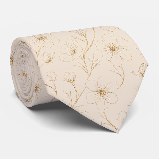 Elegant Gold Floral Line Art Seamless Pattern Tie (Rolled)