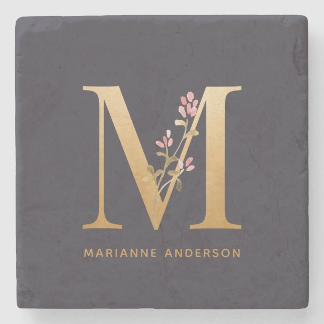Elegant Gold Floral M Monogram Chic Personalised  Stone Coaster (Front)