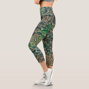 Elegant Gold Floral Mandala Green Blue Design Capri Leggings