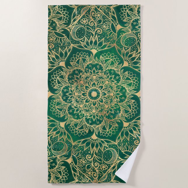 Elegant Gold Floral Mandala Green Design Beach Towel (Front)