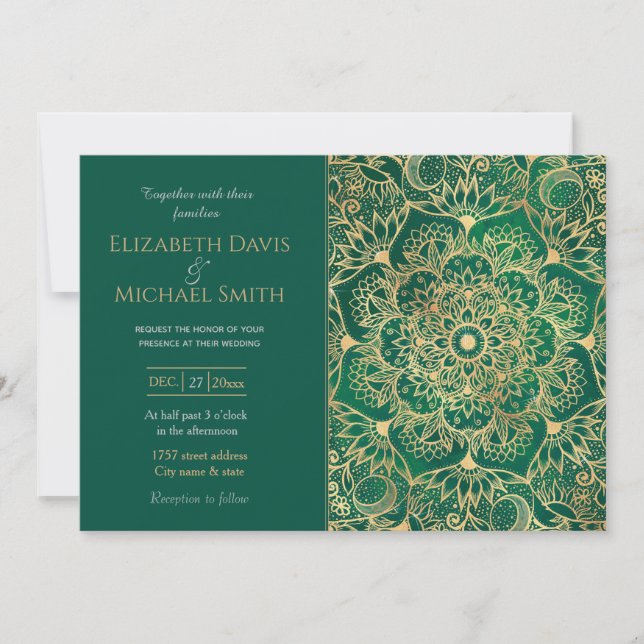 Elegant Gold Floral Mandala Green Design Invitation (Front)