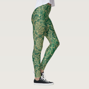 Elegant Gold Floral Mandala Green Design Leggings