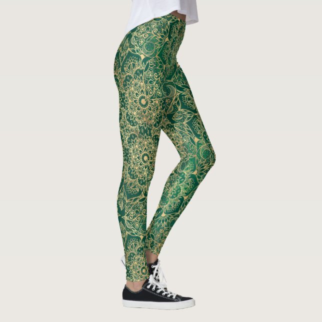 Elegant Gold Floral Mandala Green Design Leggings (Right)
