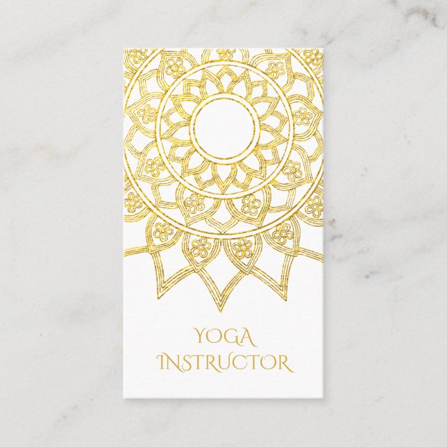 Elegant Gold Floral Mandala Yoga Instructor Business Card (Front)