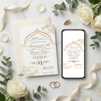 Elegant Gold Floral Masjid Muslim Wedding Nikah Invitation