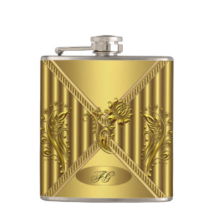 Elegant Gold Floral Metal look Monogram Name Hip Flask