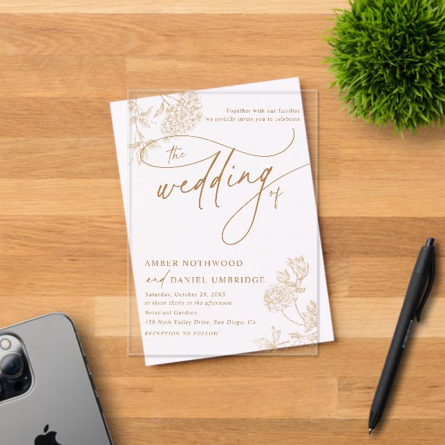 Elegant Gold Floral Modern Script Wedding Acrylic Invitations (Insitu (Invitation Card))