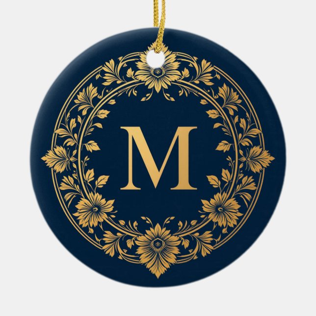 Elegant Gold Floral Monogram Design Ceramic Tree Decoration (Front)