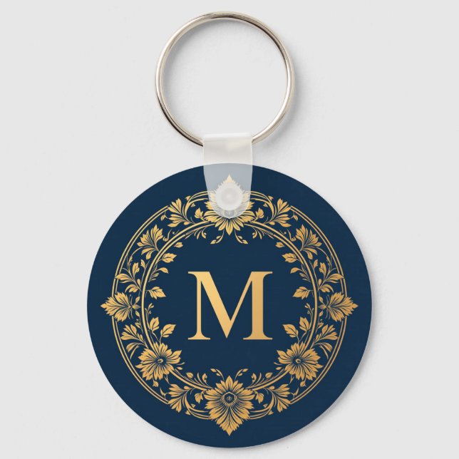 Elegant Gold Floral Monogram Design Key Ring (Front)