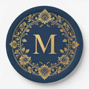 Elegant Gold Floral Monogram Design Paper Plate