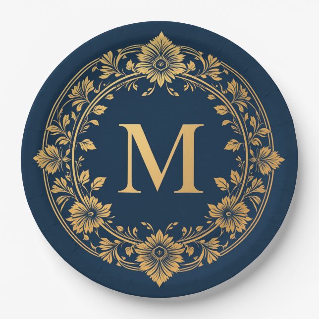 Elegant Gold Floral Monogram Design Paper Plate (Front)