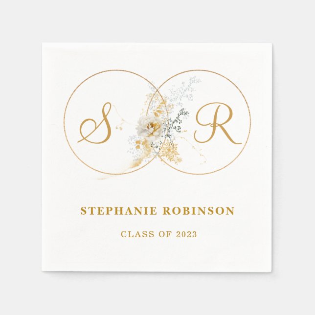 Elegant Gold Floral Monogram Graduation  Napkin (Front)