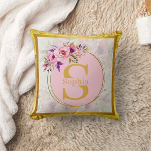 Elegant Gold Floral Monogram I Personalised Name Cushion
