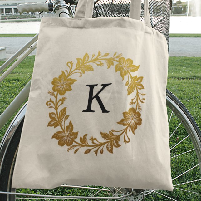 Elegant Gold Floral Monogram Letter Tote Bag (Creator Uploaded)
