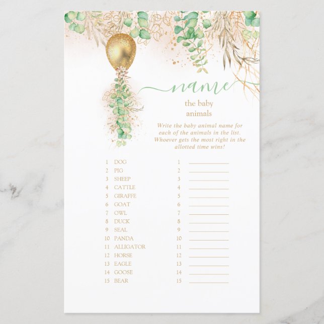Elegant Gold Floral Name Baby Animal Baby Shower  (Front)