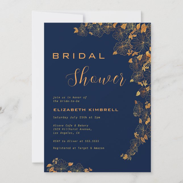 Elegant Gold Floral Navy Blue Bridal Shower Invitation (Front)