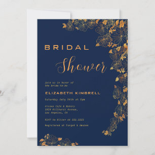 Elegant Gold Floral Navy Blue Bridal Shower Invitation