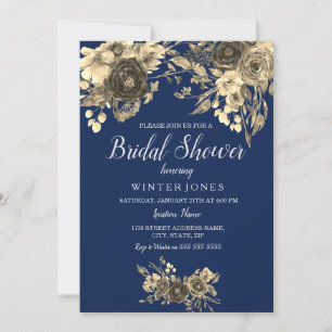 Elegant Gold Floral Navy Blue Bridal Shower Invite