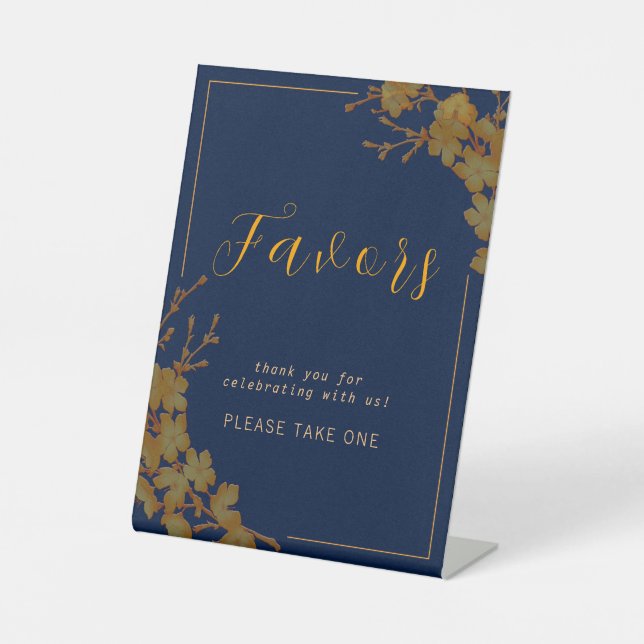 Elegant Gold Floral Navy Blue Favour Sign (Front)