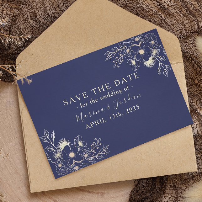 Elegant Gold Floral Navy Blue Save the Date Card (Creator Uploaded)