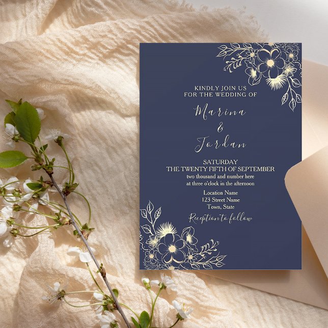 Elegant Gold Floral Navy Blue Wedding Invitation (Creator Uploaded)