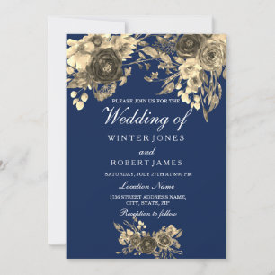 Elegant Gold Floral Navy Blue Wedding Invitation