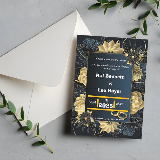 Elegant Gold Floral Navy Holiday Wedding Invite