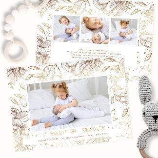 elegant gold floral newborn 4 photo baby birth announcement