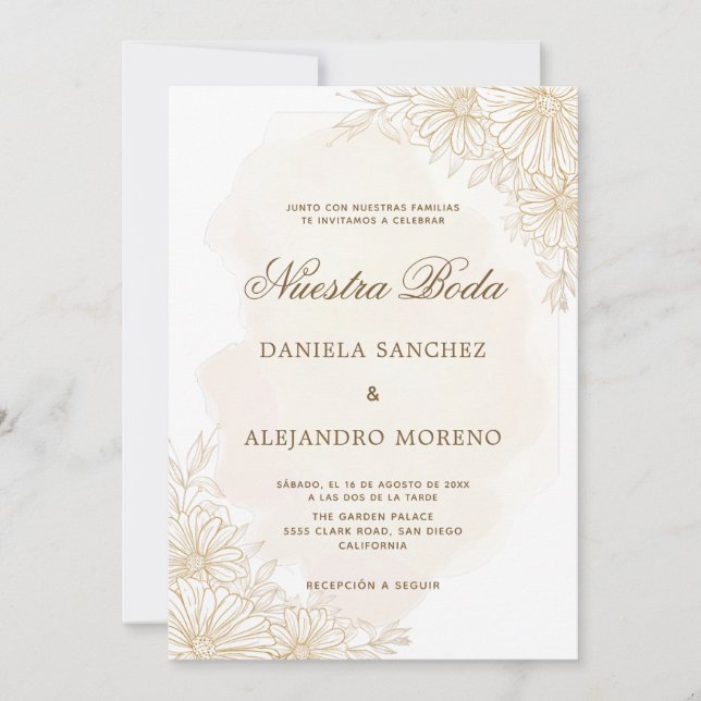 Elegant Gold Floral Nuestra Boda Spanish Wedding Invitation (Front)