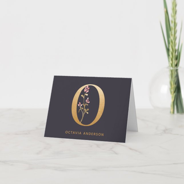 Elegant Gold Floral O Monogram Chic Personalised Note Card (Front)