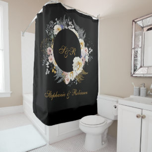 Elegant Gold Floral On Black Monogram Wedding  Shower Curtain