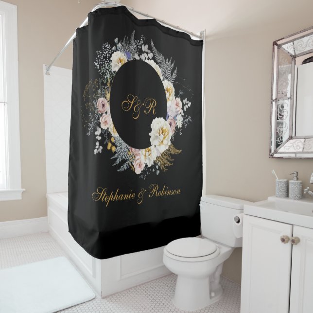 Elegant Gold Floral On Black Monogram Wedding  Shower Curtain (In Situ)
