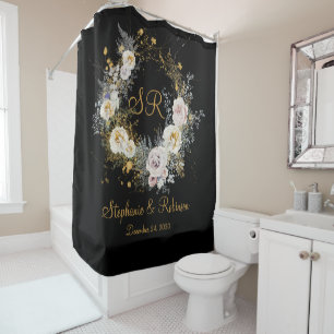 Elegant Gold Floral On Black Monogram Wedding Shower Curtain