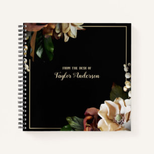 Elegant Gold Floral on Black Personalised Notebook